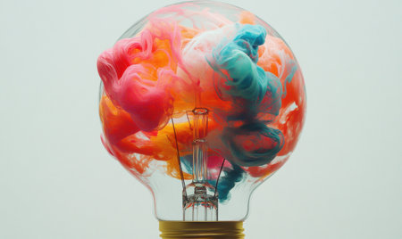 Colorful ink swirling inside lightbulb; creativity concept; studio shot; white background; advertisingの素材
