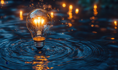 Glowing lightbulb floats on water, night scene; idea concept, website bannerの素材