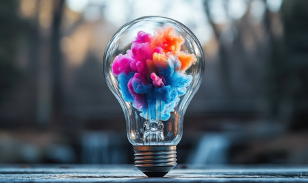 Colorful ink inside lightbulb, nature background, creativity concept, stock photoの素材