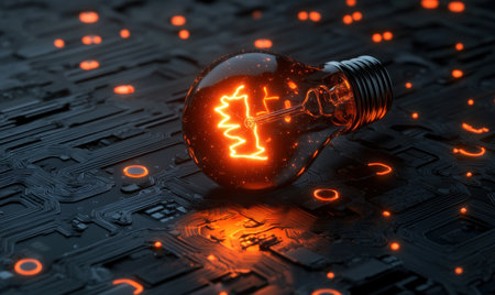Glowing idea bulb on circuit board; innovation conceptの素材