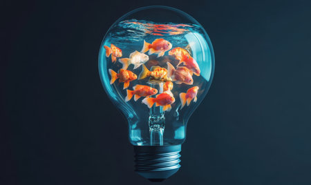 Goldfish in lightbulb; underwater scene; innovative idea; dark background; stock photoの素材