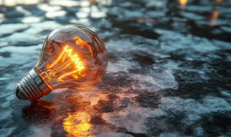 Glowing lightbulb on dark surface, idea concept, innovation, reflectionの素材