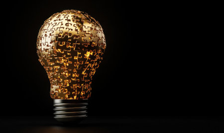 Golden puzzle lightbulb, solution idea, dark background, business conceptの素材
