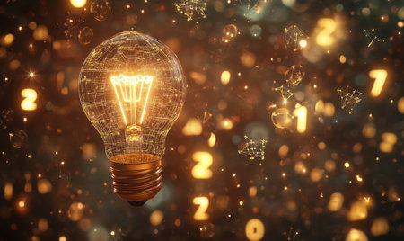 Glowing lightbulb idea, numbers, abstract background; innovation conceptの素材
