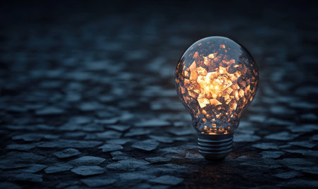 Glowing shattered lightbulb on dark ground; innovation conceptの素材
