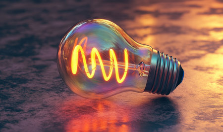 Glowing lightbulb on dark surface, sunset background; innovation conceptの素材