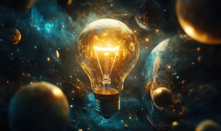 Glowing lightbulb in cosmic space; planets &amp; nebula; innovation concept; website headerの素材