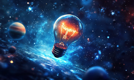 Glowing lightbulb in space, planets, nebula background; innovation conceptの素材
