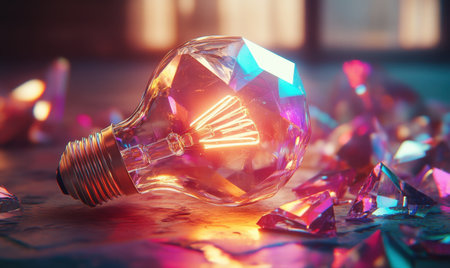 Illuminated crystal lightbulb, shattered gems, indoor setting, creative idea conceptの素材