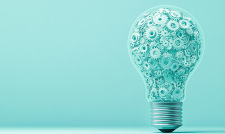 Lightbulb filled with gears; innovation concept; pastel background; mechanismの素材