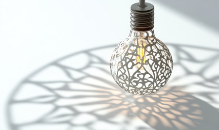 Illuminated 3D-printed lamp casts intricate shadow on white surface, design conceptの素材