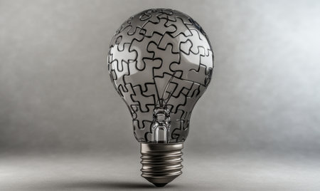 Puzzle pieces inside lightbulb; problem-solving conceptの素材