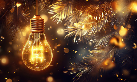 Glowing lightbulb hanging on gold branches, festive bokeh background; holiday cardの素材