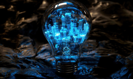 Glowing city inside lightbulb, dark background, innovation concept, website bannerの素材