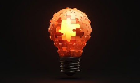 Glowing puzzle lightbulb, idea solution, dark background, innovation conceptの素材