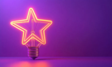 Glowing star lightbulb idea; purple background; success concept; website bannerの素材