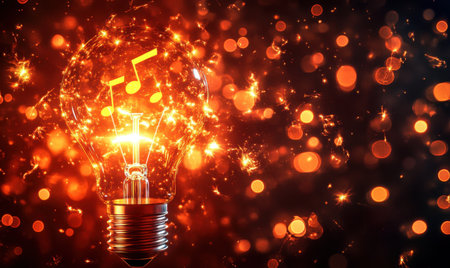 Glowing lightbulb with musical notes, sparks, bokeh background; music inspiration conceptの素材