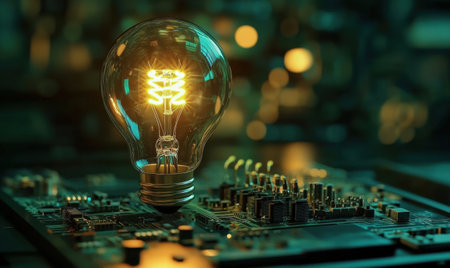 Glowing lightbulb on circuit board; innovation, technology, ideas, background blur; website, advertisingの素材