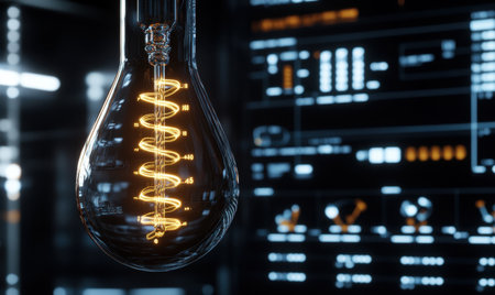 Glowing filament bulb against futuristic tech background; innovation conceptの素材