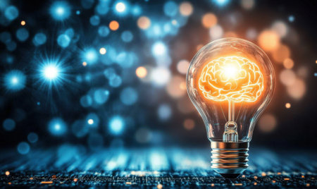 Glowing brain inside lightbulb; innovation, technology backgroundの素材