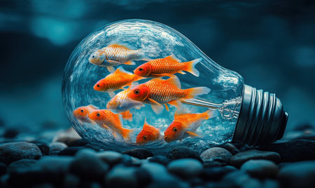 Goldfish in lightbulb, underwater scene, pebbles, creative concept, stock photoの素材