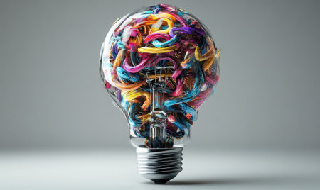 Colorful tangled threads inside a lightbulb; creativity concept; gray background; idea generationの素材
