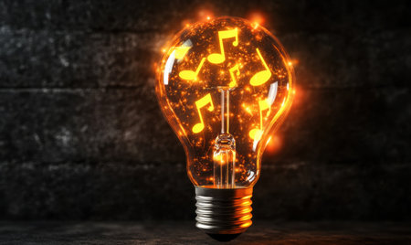 Glowing lightbulb with musical notes, dark background, creative idea concept, website bannerの素材