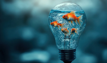 Goldfish in lightbulb, aquatic life, creative concept, nature background, stock imageの素材