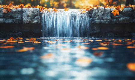 Autumn waterfall in park, calm water, fallen leavesの素材