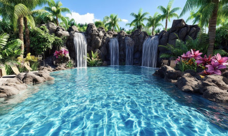 Tropical pool waterfall paradise, relaxation vacationの素材