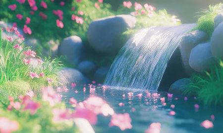 Serene waterfall in lush garden, sunlit flowers, peaceful background; ideal for relaxation themesの素材