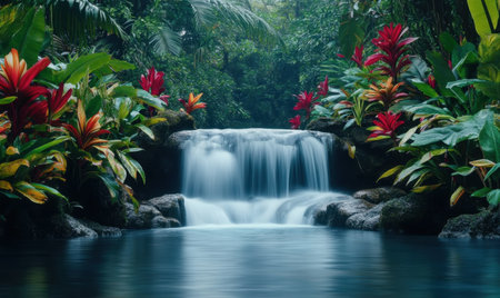Tropical waterfall serenity; lush plants, tranquil pool; spa, relaxation backgroundの素材
