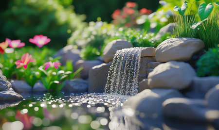 Serene garden waterfall, flowers, sunny day, tranquil background, nature sceneの素材