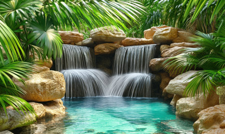 Tranquil Waterfall in Lush Tropical Gardenの素材