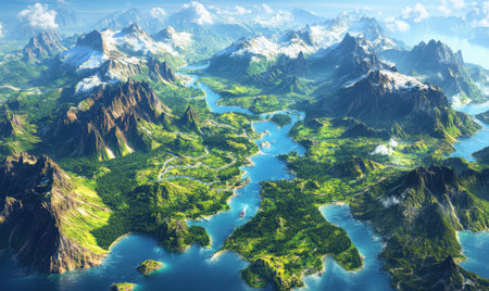 Aerial view of majestic fjord landscape, mountains, and valleys; ideal for travel, nature documentariesの素材