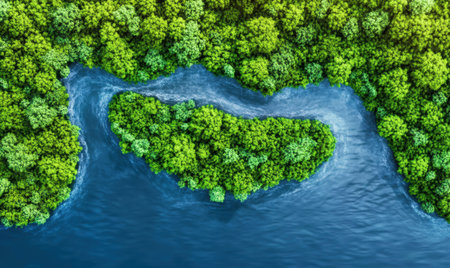 Aerial view of lush green island in river; nature, environment, conservationの素材