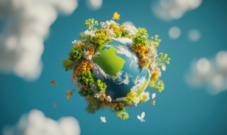 Blooming Earth, spring flowers, butterflies, sky, environmental conceptの素材