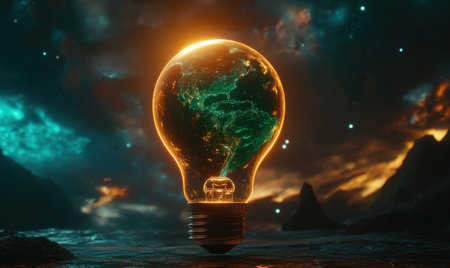 Earth globe glows inside lightbulb on a rocky landscape as an idea for the futureの素材