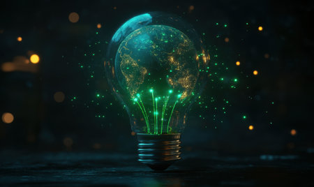 Green energy globe inside lightbulb; dark background; sustainability concept; website bannerの素材