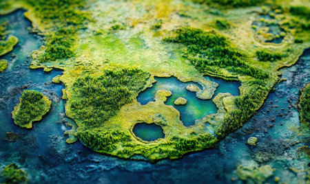 Aerial view of lush green island, coastal waters, tranquil scene, nature background, environmental conservationの素材