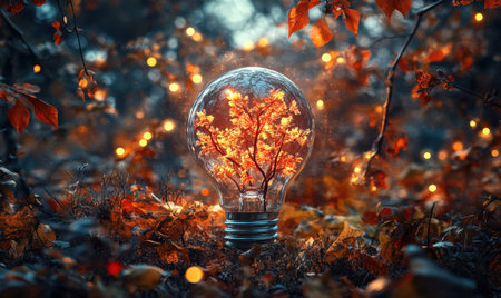 Autumnal plant inside glowing lightbulb, forest setting, fairy lights background;  nature conceptの素材
