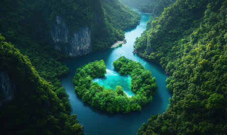 Aerial River bends around green island. Serene, exotic travel locationの素材