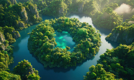 Aerial view of lush islet in turquoise water with green islands in backgroundの素材