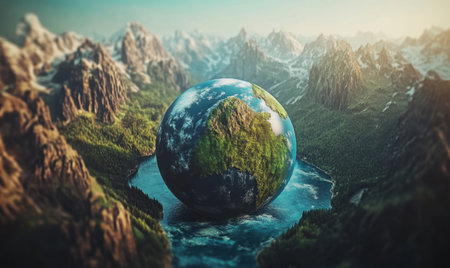 Earth in mountain lake; serene, realistic scene; digital art; environmental awareness; education; stock photoの素材