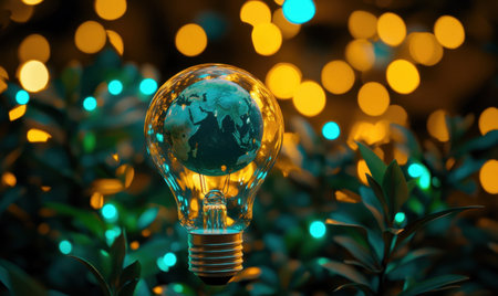 Earth inside lightbulb, green leaves background, global idea, sustainability concept, stock photoの素材