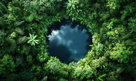 Aerial View of a Lake Surrounded by Lush Forest in a Remote Tropical Locationの素材