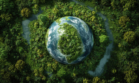 Earth surrounded by lush rainforest, aerial view, environmental conservationの素材