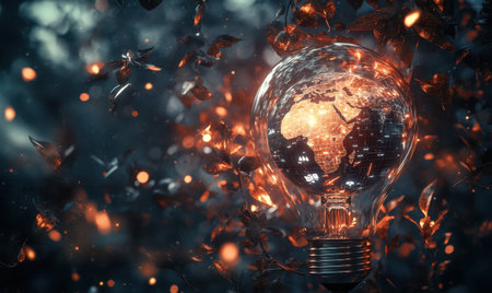 Glowing Earth in lightbulb, leaves background, environmental concept, sustainabilityの素材