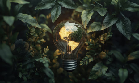 Glowing Earth inside lightbulb, nestled in lush foliage; environmental concept for sustainability campaignsの素材