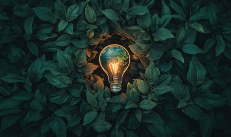 Glowing Earth inside lightbulb, green leaves background, eco-friendly energy concept, website bannerの素材